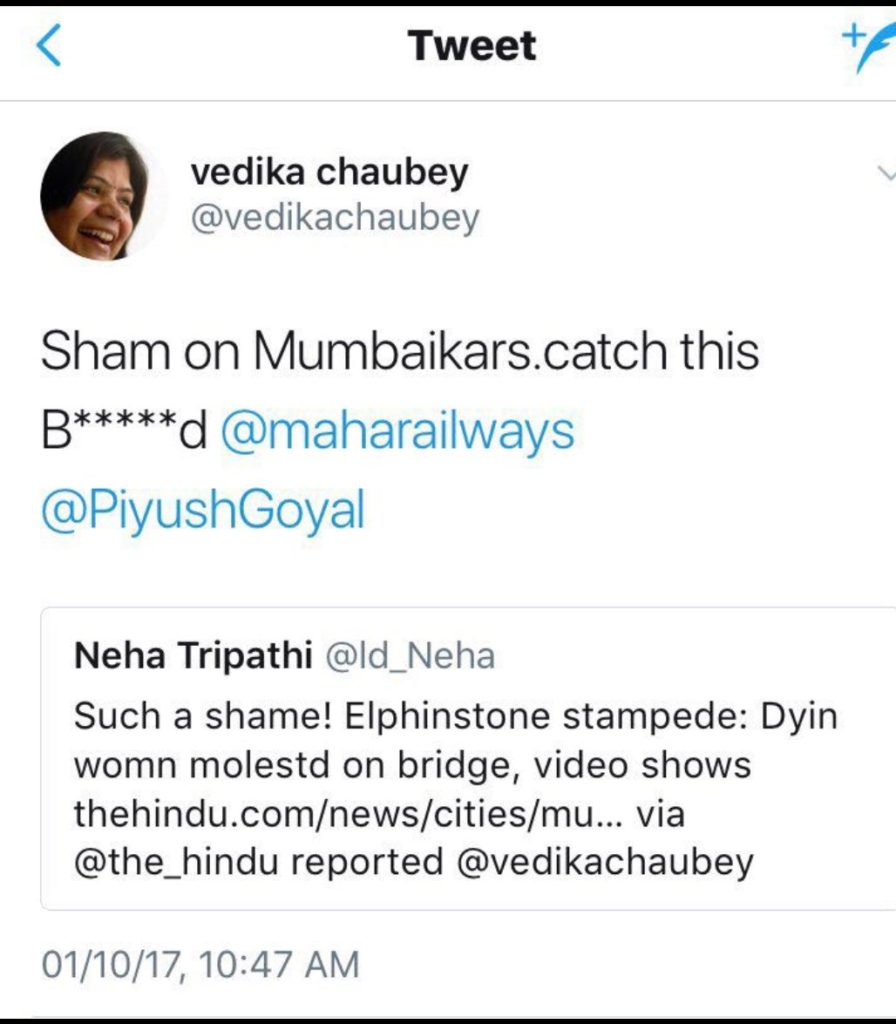 Vedika Chaubey tweet abusing a man helping stampede victims
