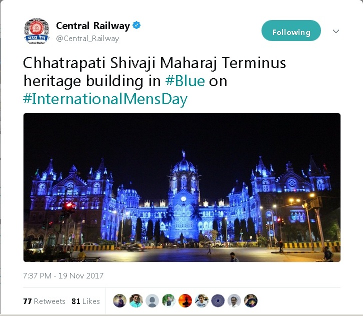 For the first time in history CSMT lit with blue lights in year 2017 for International Mens Day