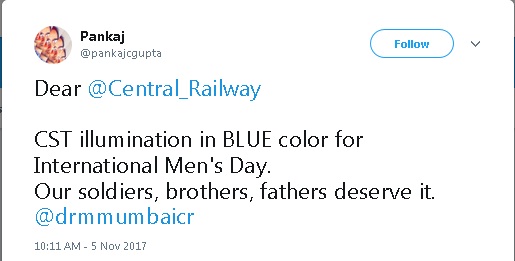 CST illumination in BLUE color for International Men's Day. Our soldiers, brothers, fathers deserve it.