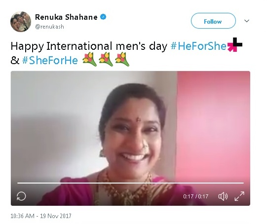 Renuka Sahane wished every one a very Happy International Mens Day 2017