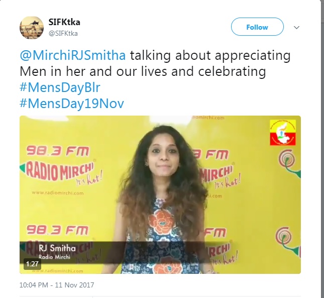 @MirchiRJSmitha talking about appreciating Men in her and our lives and celebrating #MensDayBlr #MensDay19Nov