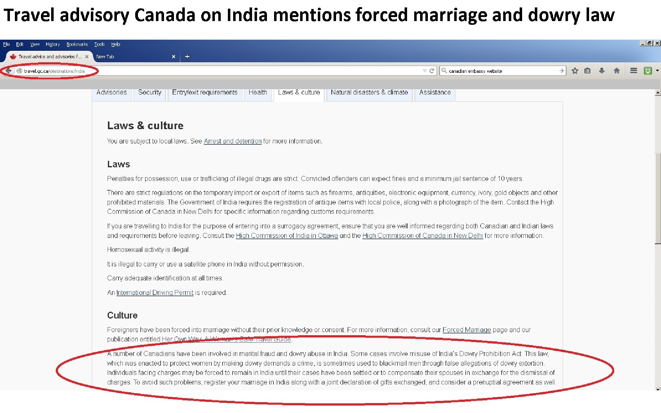 Travel Advisory of Canada on Forced marriage in India